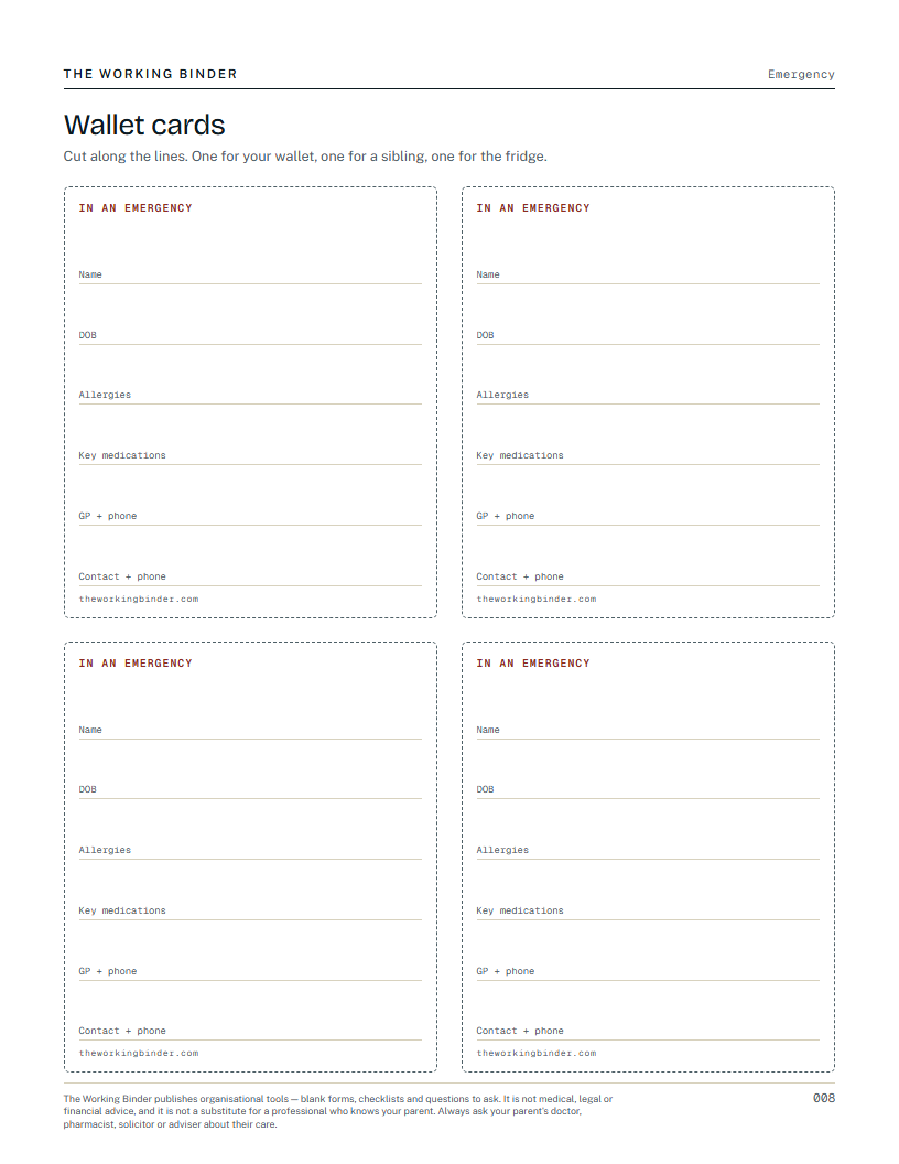 The Caregiver Binder — Wallet cards
