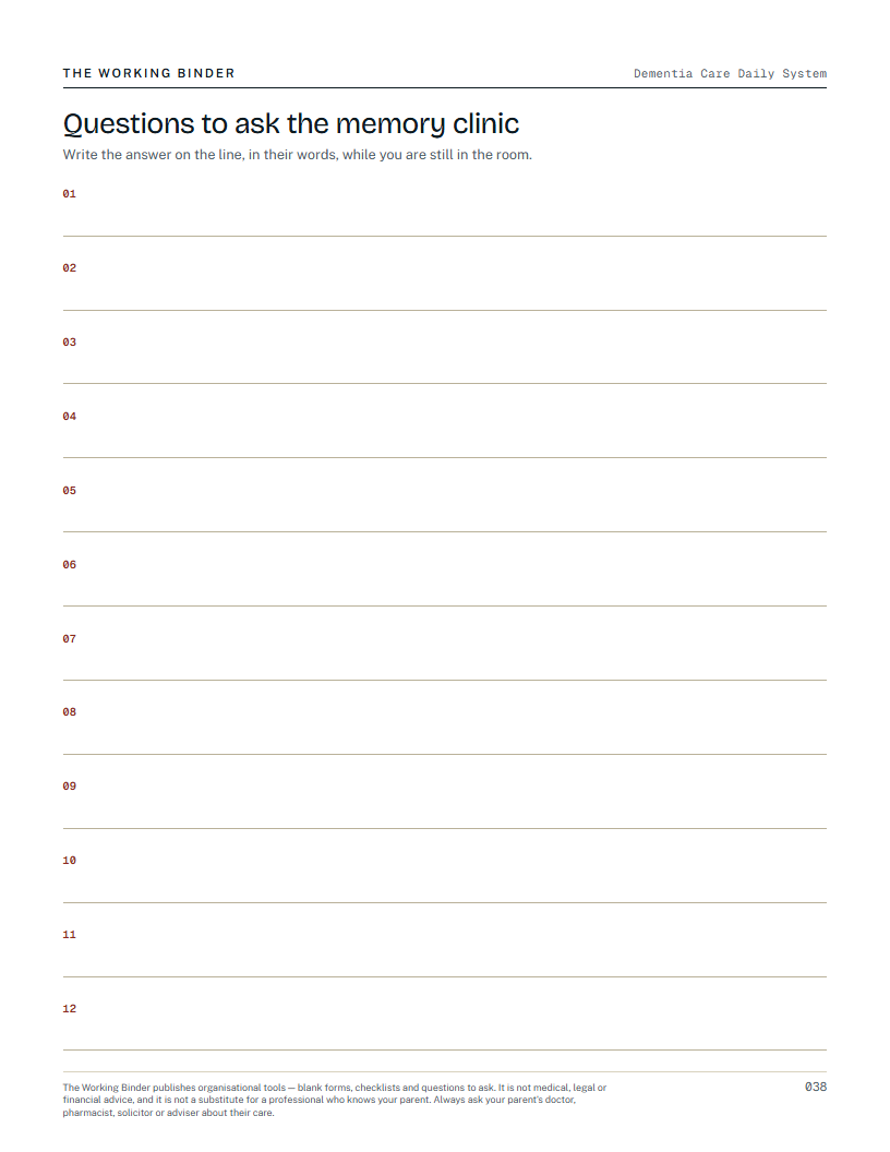Dementia Care Daily System — Questions to ask the memory clinic