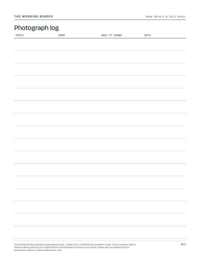 Home Safety & Fall Audit — Photograph log