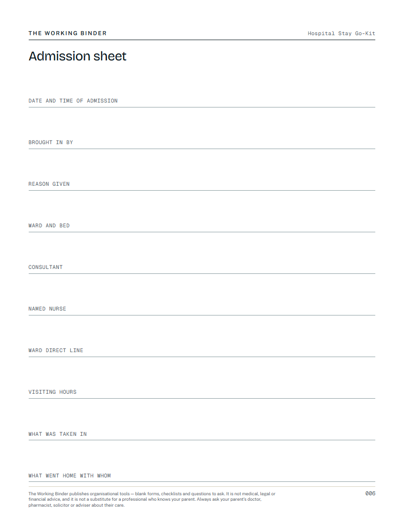 Hospital Stay Go-Kit — Admission sheet