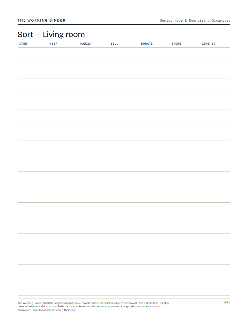Senior Move & Downsizing Organiser — Sort — Living room
