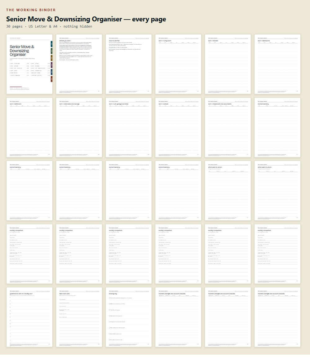 Every page of Senior Move & Downsizing Organiser, shown as thumbnails